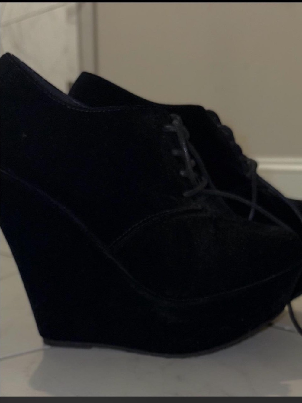 New without tags-Black Velvet Wedge Lace-Up Heels - Women